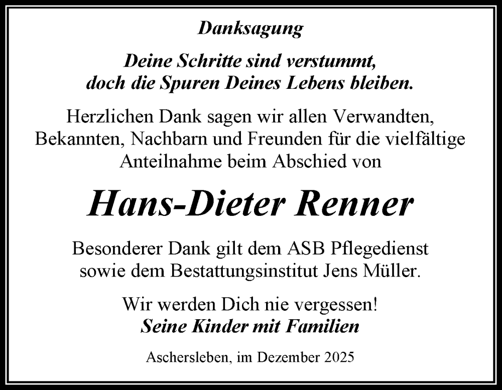  Traueranzeige für Hans-Dieter Renner vom 13.12.2025 aus Trauerkombi Aschersleben