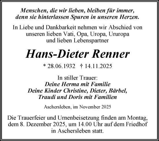 Traueranzeige von Hans-Dieter Renner von Trauerkombi Aschersleben