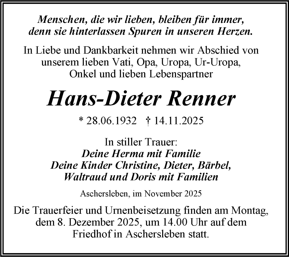  Traueranzeige für Hans-Dieter Renner vom 29.11.2025 aus Trauerkombi Aschersleben