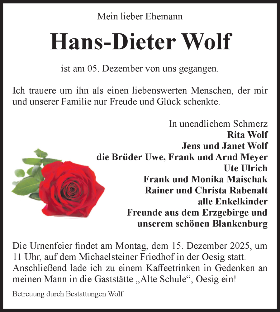  Traueranzeige für Hans-Dieter Wolf vom 11.12.2025 aus Volksstimme Wernigerode