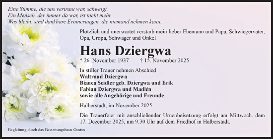 Traueranzeige von Hans Dziergwa von Volksstimme Halberstadt
