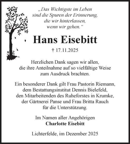 Traueranzeige von Hans Eisebitt von Volksstimme Altmark Ost