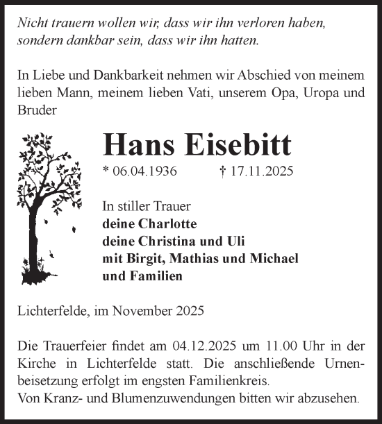 Traueranzeige von Hans Eisebitt von Volksstimme Altmark Ost