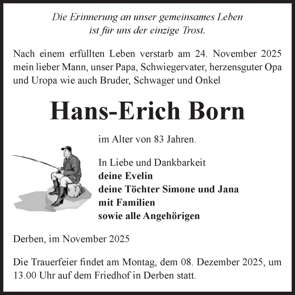  Traueranzeige für Hans-Erich Born vom 29.11.2025 aus Volksstimme Burg/Genthin