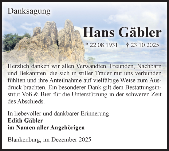 Traueranzeige von Hans Gäbler von Volksstimme Wernigerode