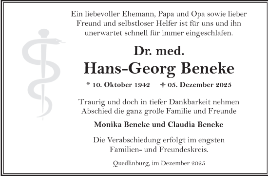 Traueranzeige von Hans-Georg Beneke von Trauerkombi Quedlinburg