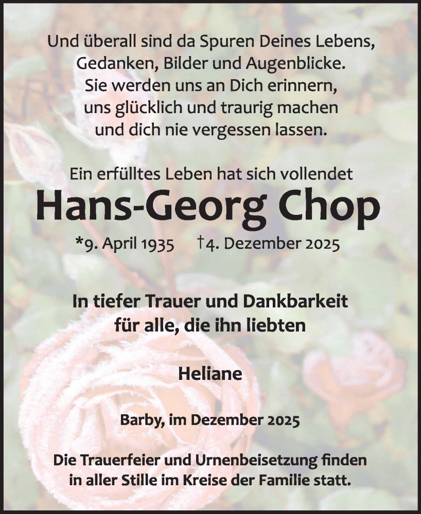  Traueranzeige für Hans-Georg Chop vom 13.12.2025 aus Volksstimme Schönebeck