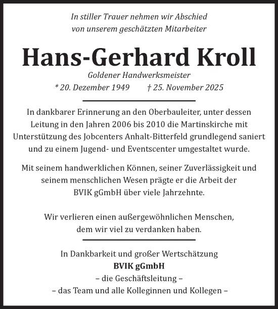Traueranzeige von Hans-Gerhard Kroll von Mitteldeutsche Zeitung Köthen