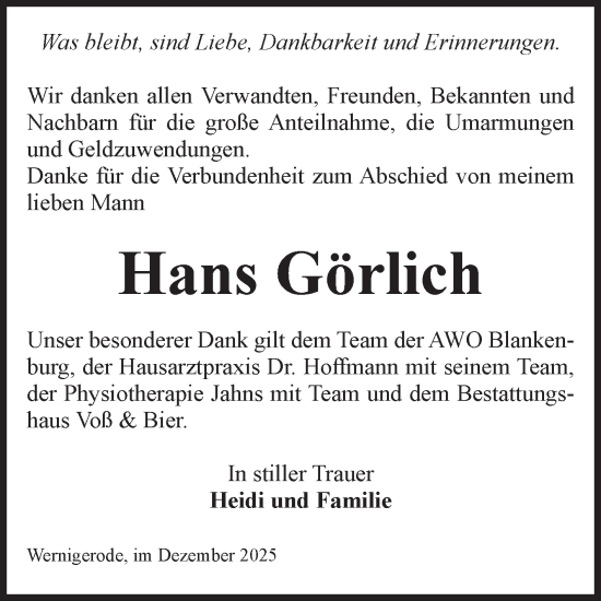 Traueranzeige von Hans Görlich von Volksstimme Wernigerode