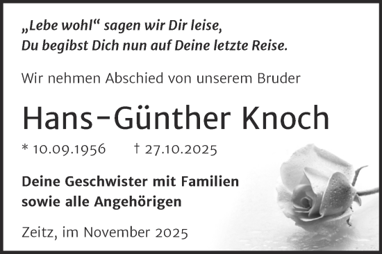 Traueranzeige von Hans-Günther Knoch von Trauerkombi Zeitz