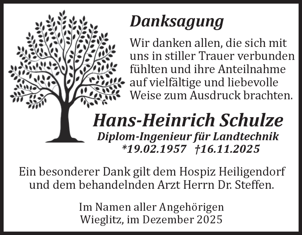  Traueranzeige für Hans-Heinrich Schulze vom 13.12.2025 aus Volksstimme Haldensleben/Wolmirstedt