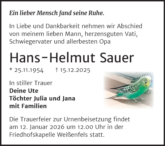 Traueranzeige von Hans-Helmut Sauer von Trauerkombi Weißenfels