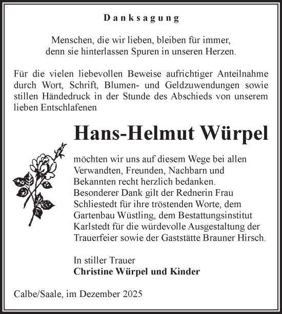 Traueranzeige von Hans-Helmut Würpel von Volksstimme Schönebeck