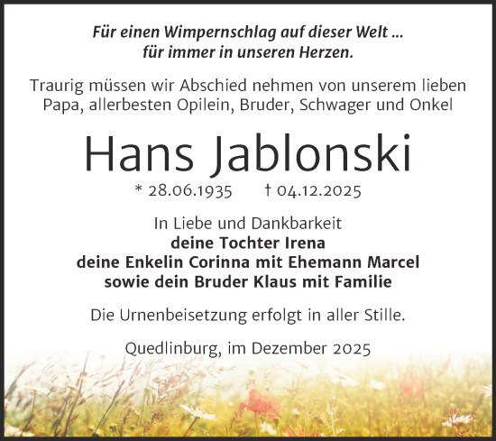 Traueranzeige von Hans Jablonski von Trauerkombi Quedlinburg