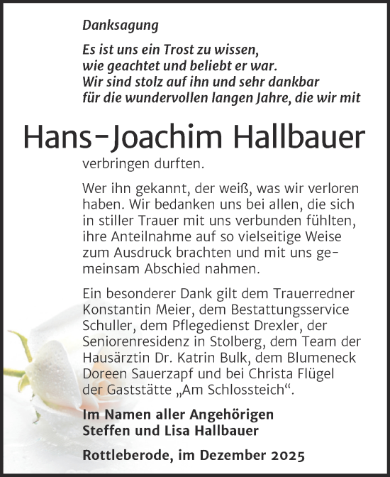 Traueranzeige von Hans-Joachim Hallbauer von Super Sonntag Sangerhausen