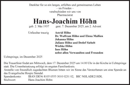Traueranzeige von Hans-Joachim Höhn von Volksstimme Altmark Ost