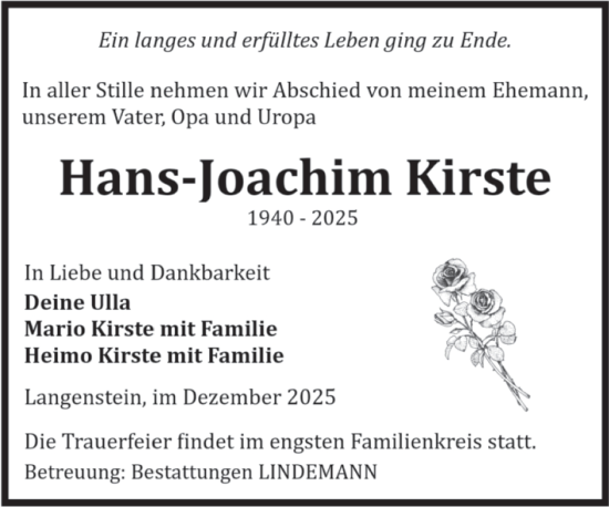 Traueranzeige von Hans-Joachim Kirste von Volksstimme Halberstadt