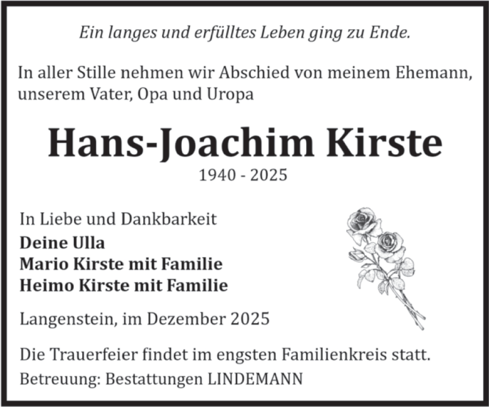  Traueranzeige für Hans-Joachim Kirste vom 06.12.2025 aus Volksstimme Halberstadt
