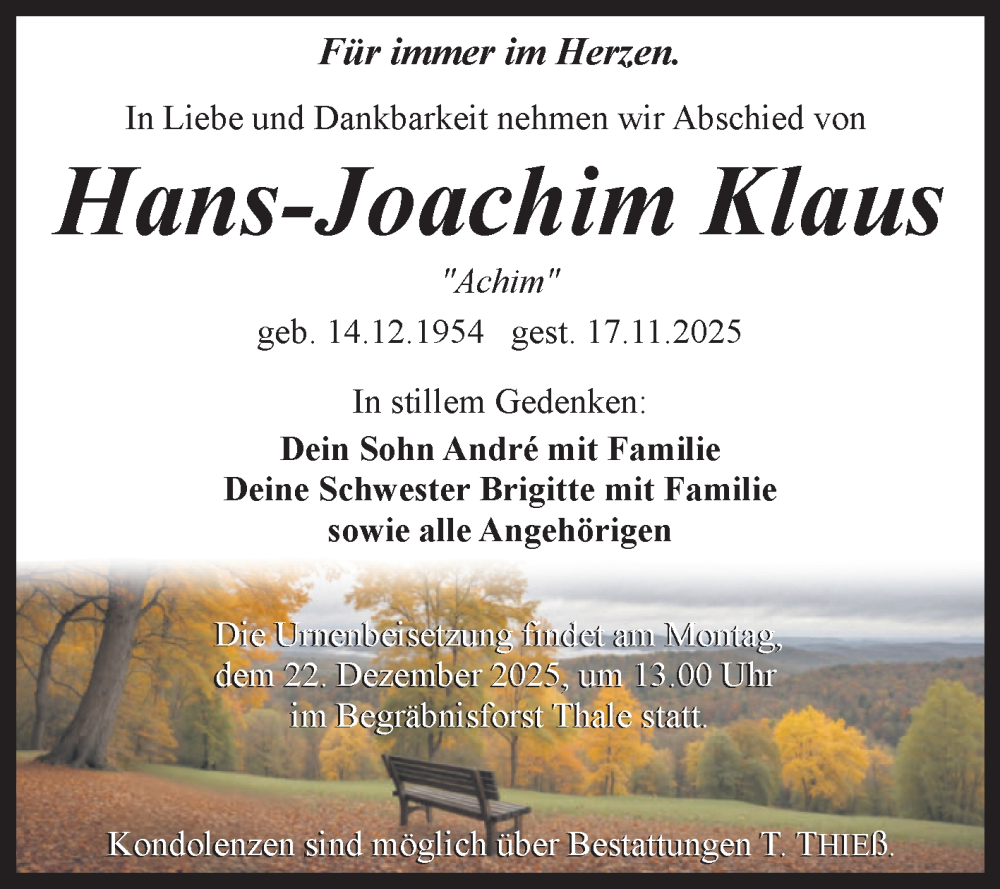  Traueranzeige für Hans-Joachim Klaus vom 13.12.2025 aus Trauerkombi Quedlinburg