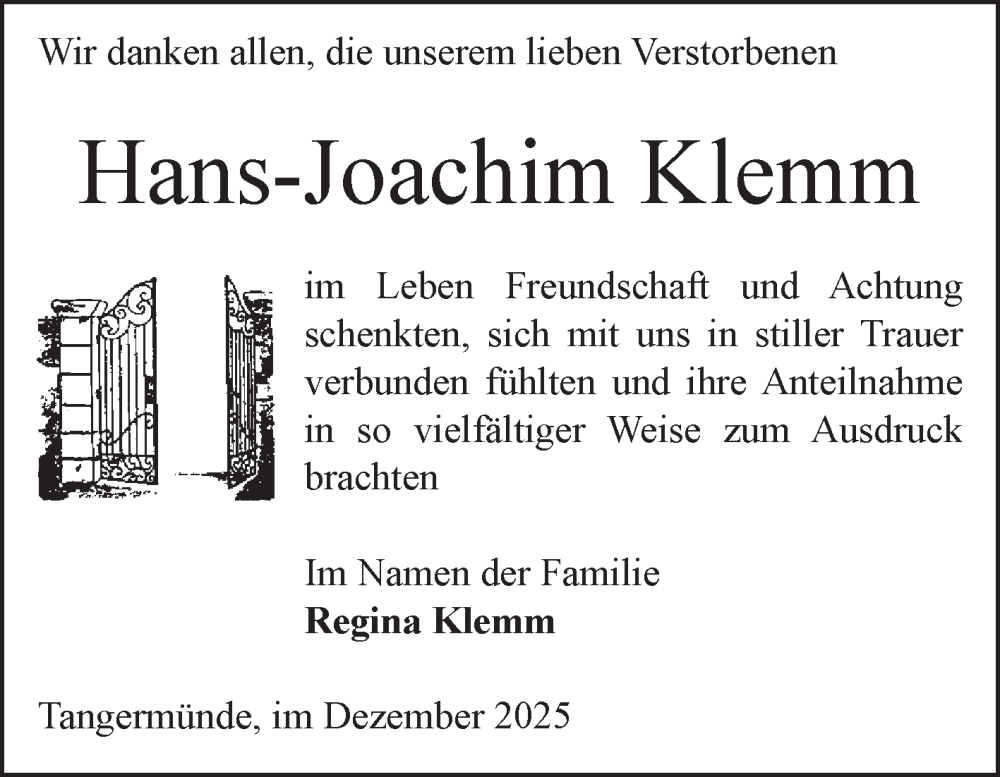  Traueranzeige für Hans-Joachim Klemm vom 20.12.2025 aus Volksstimme Altmark Ost
