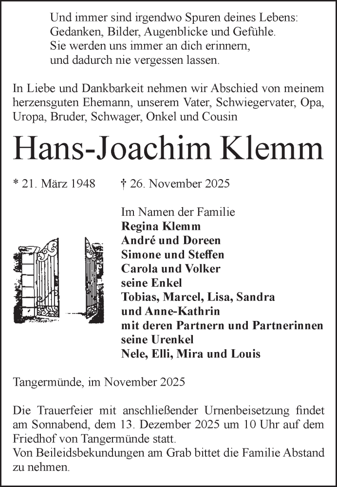  Traueranzeige für Hans-Joachim Klemm vom 29.11.2025 aus Volksstimme Altmark Ost
