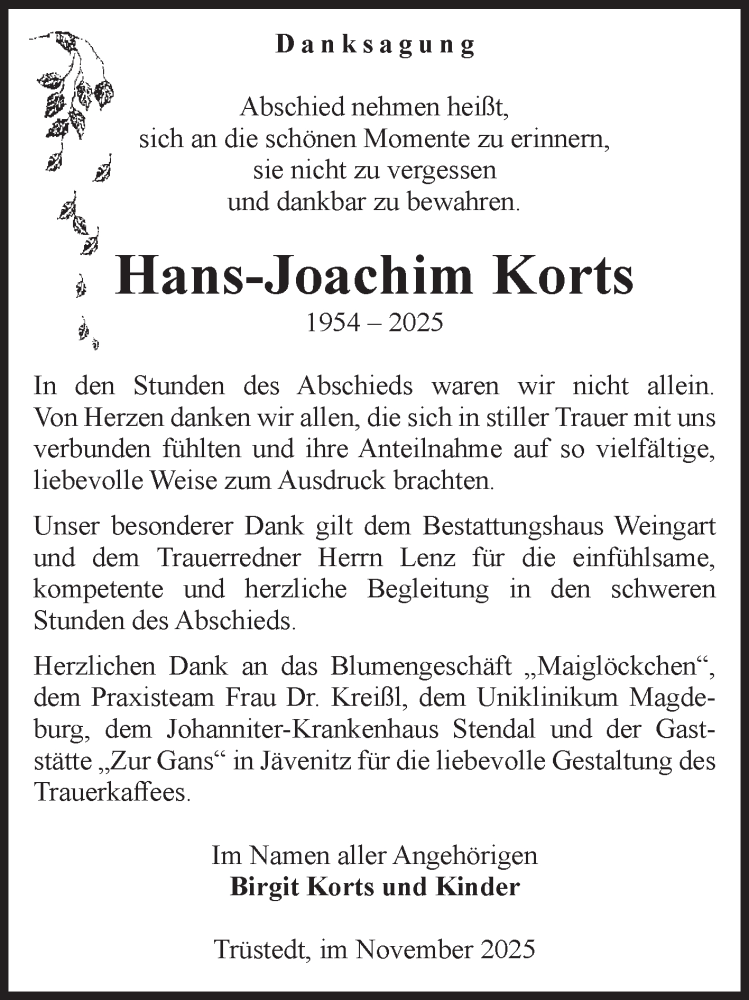  Traueranzeige für Hans-Joachim Korts vom 28.11.2025 aus Volksstimme Altmark West