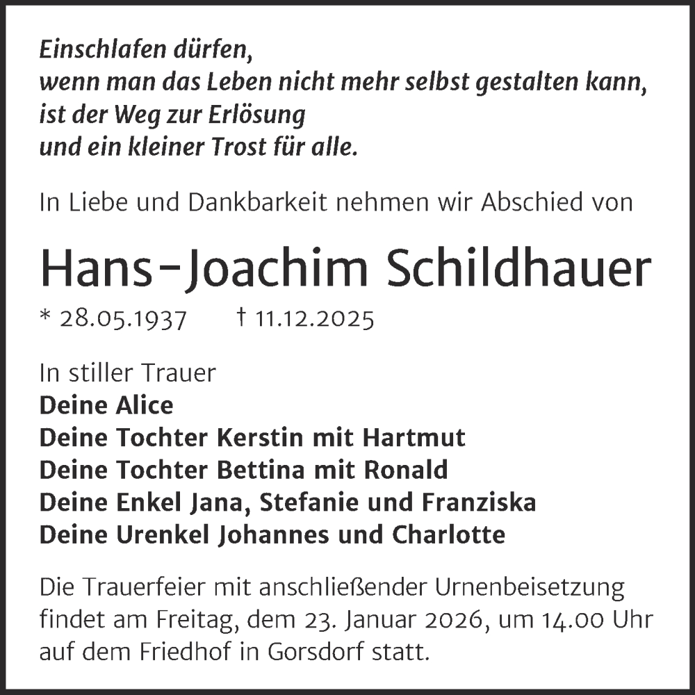  Traueranzeige für Hans-Joachim Schildhauer vom 20.12.2025 aus Trauerkombi Wittenberg