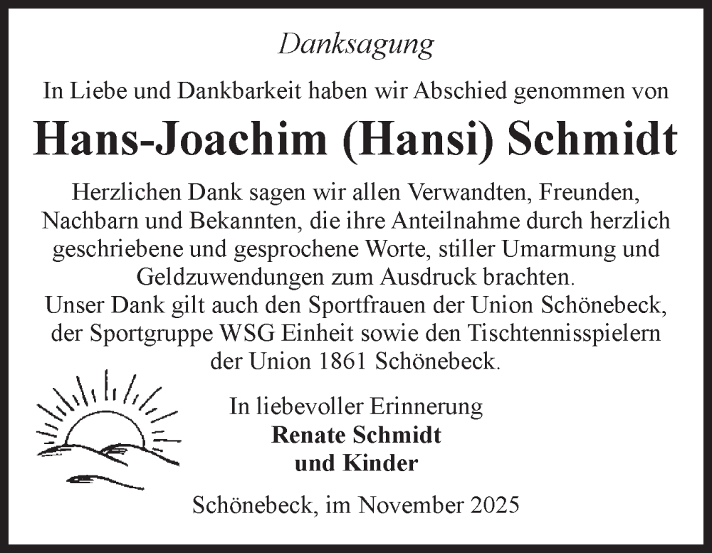  Traueranzeige für Hans-Joachim Schmidt vom 29.11.2025 aus Volksstimme Schönebeck