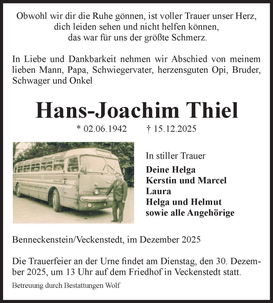  Traueranzeige für Hans-Joachim Thiel vom 20.12.2025 aus Volksstimme Wernigerode