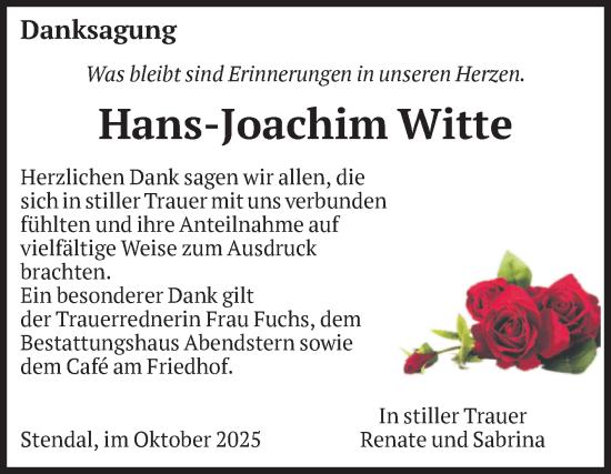 Traueranzeige von Hans-Joachim Witte von Volksstimme Altmark Ost