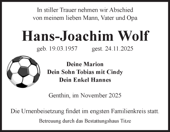 Traueranzeige von Hans-Joachim Wolf von Volksstimme Burg/Genthin
