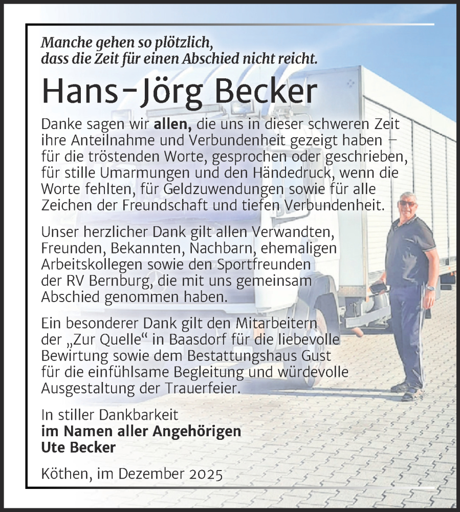  Traueranzeige für Hans-Jörg Becker vom 20.12.2025 aus Trauerkombi Köthen