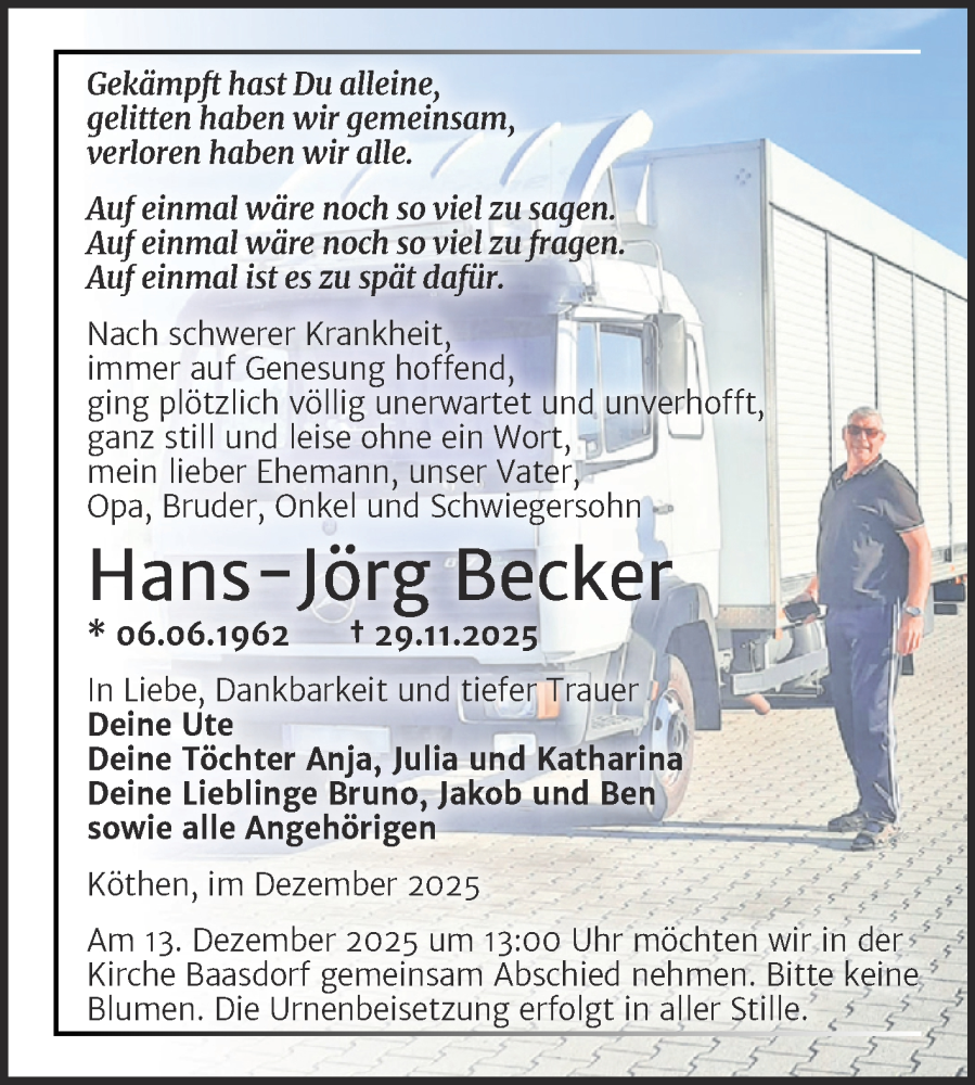  Traueranzeige für Hans-Jörg Becker vom 06.12.2025 aus Mitteldeutsche Zeitung Köthen