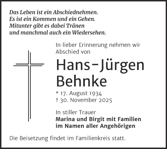 Traueranzeige von Hans-Jürgen Behnke von Mitteldeutsche Zeitung Halle/Saalkreis