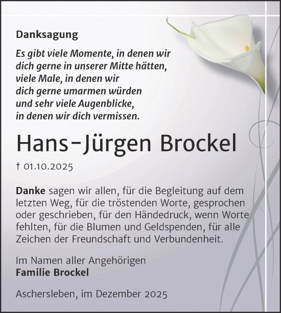 Traueranzeige von Hans-Jürgen Brockel von Trauerkombi Aschersleben