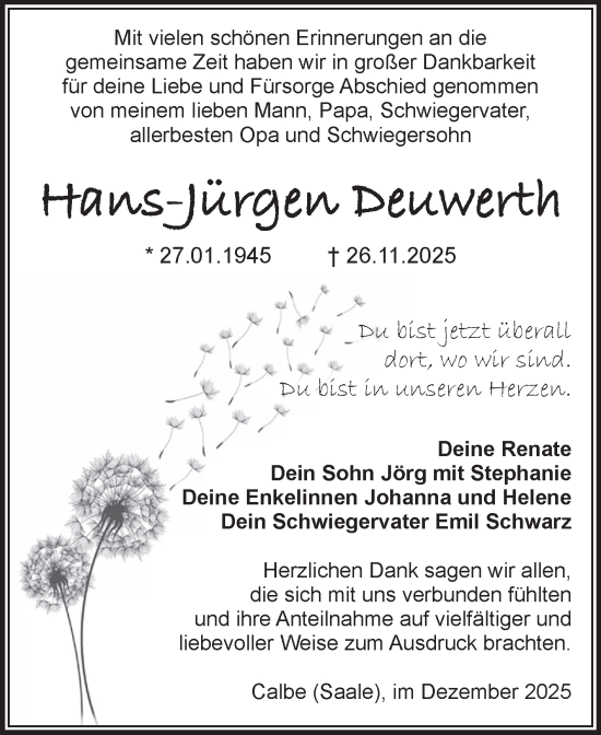 Traueranzeige von Hans-Jürgen Deuwerth von Volksstimme Schönebeck