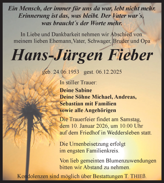 Traueranzeige von Hans-Jürgen Fieber von Trauerkombi Quedlinburg