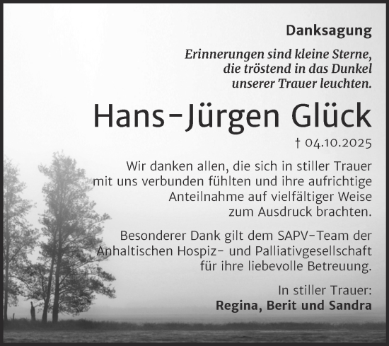 Traueranzeige von Hans-Jürgen Glück von Trauerkombi Dessau