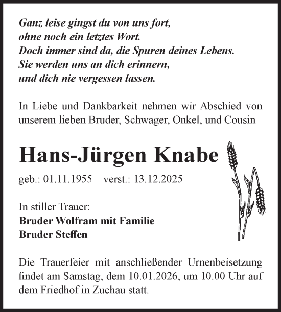 Traueranzeige von Hans-Jürgen Knabe von Volksstimme Schönebeck