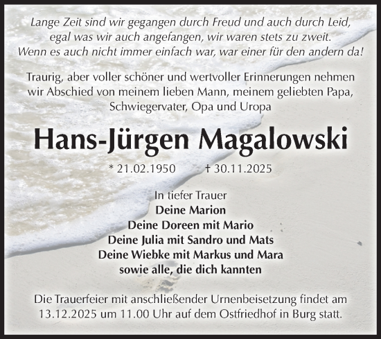 Traueranzeige von Hans-Jürgen Magalowski von Volksstimme Burg/Genthin
