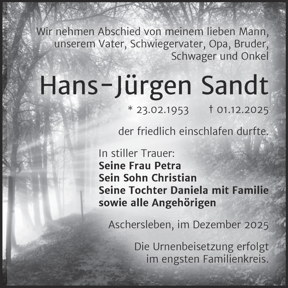  Traueranzeige für Hans-Jürgen Sandt vom 06.12.2025 aus Trauerkombi Aschersleben