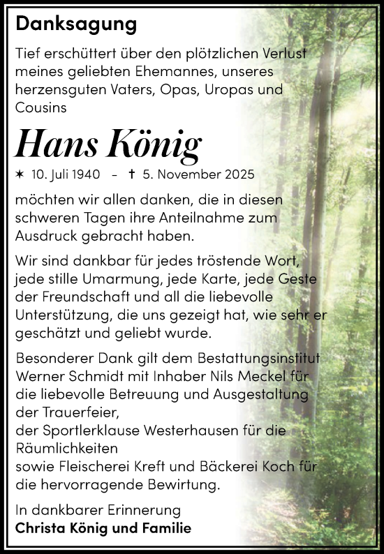 Traueranzeige von Hans König von Trauerkombi Quedlinburg