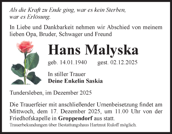 Traueranzeige von Hans Malyska von Volksstimme Haldensleben/Wolmirstedt