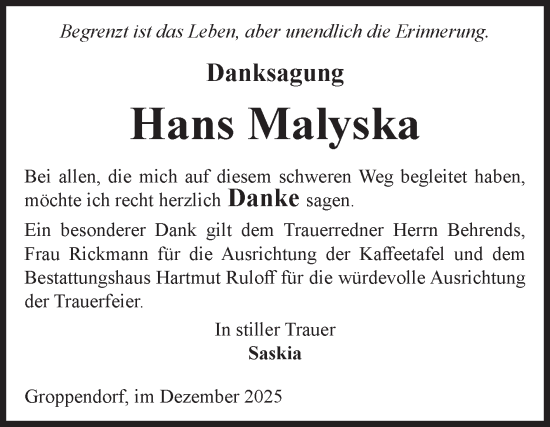 Traueranzeige von Hans Malyska von Volksstimme Haldensleben/Wolmirstedt