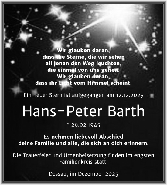 Traueranzeige von Hans-Peter Barth von Trauerkombi Dessau