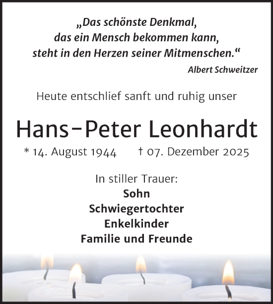 Traueranzeige von Hans-Peter Leonhardt von Trauerkombi Dessau