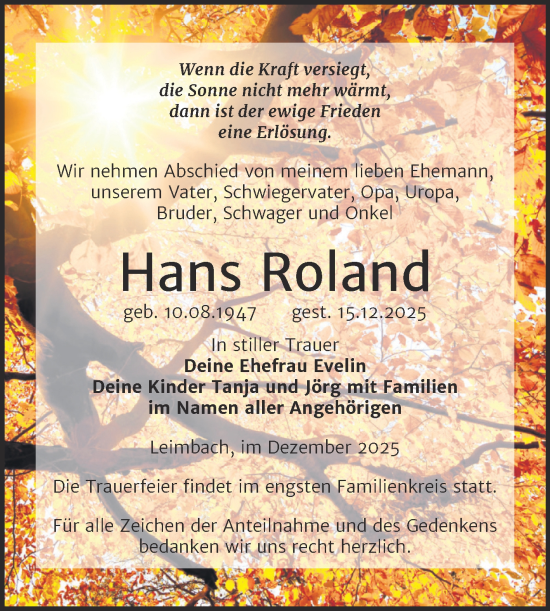 Traueranzeige von Hans Roland von Trauerkombi Merseburg
