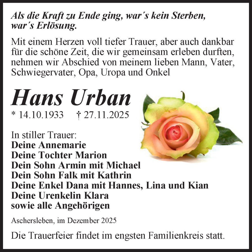  Traueranzeige für Hans Urban vom 06.12.2025 aus Trauerkombi Aschersleben