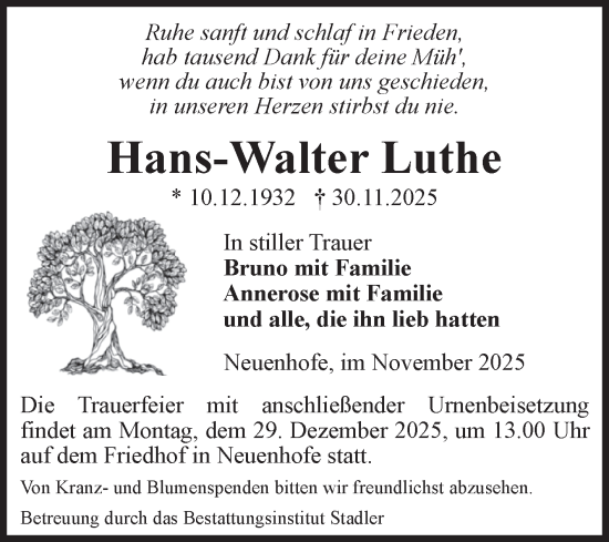 Traueranzeige von Hans-Walter Luthe von Volksstimme Haldensleben/Wolmirstedt