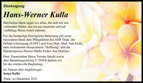 Traueranzeige von Hans-Werner Kulla von Trauerkombi Quedlinburg